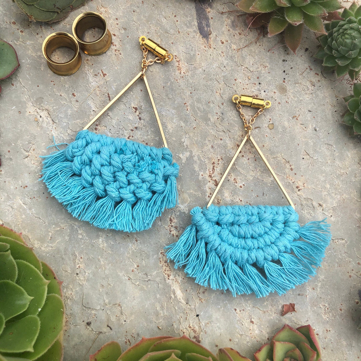 Blue Macramé Tassel Magnetic Clasp Earrings