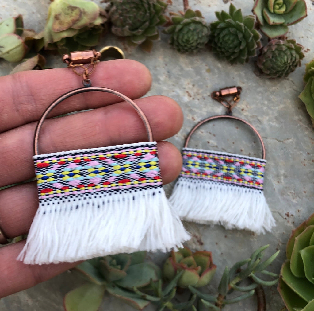 White Tassel & Bronze Magnetic Clasp Gauged Earrings