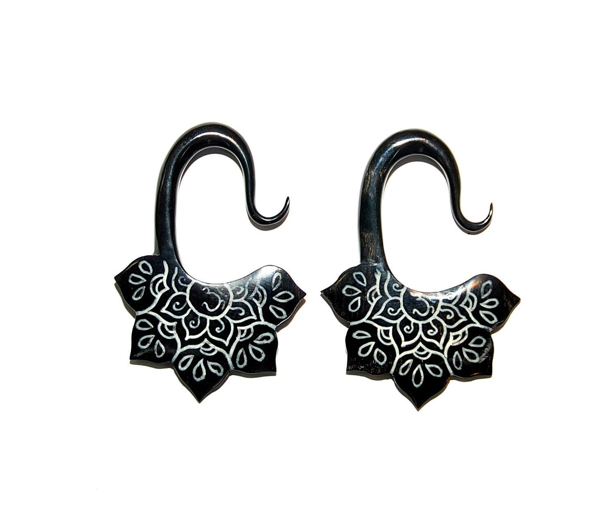 Om Lotus Flower Horn Earrings – Carved Bone Inlay