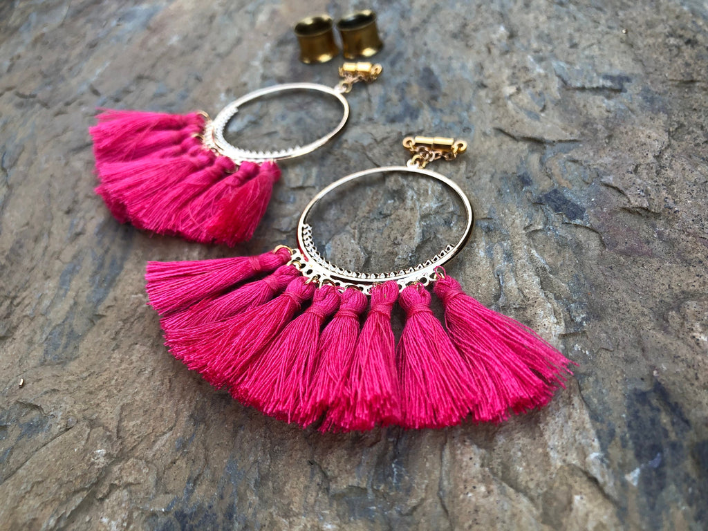 Bright Pink Tassel Magnetic Clasp Gauged Earrings