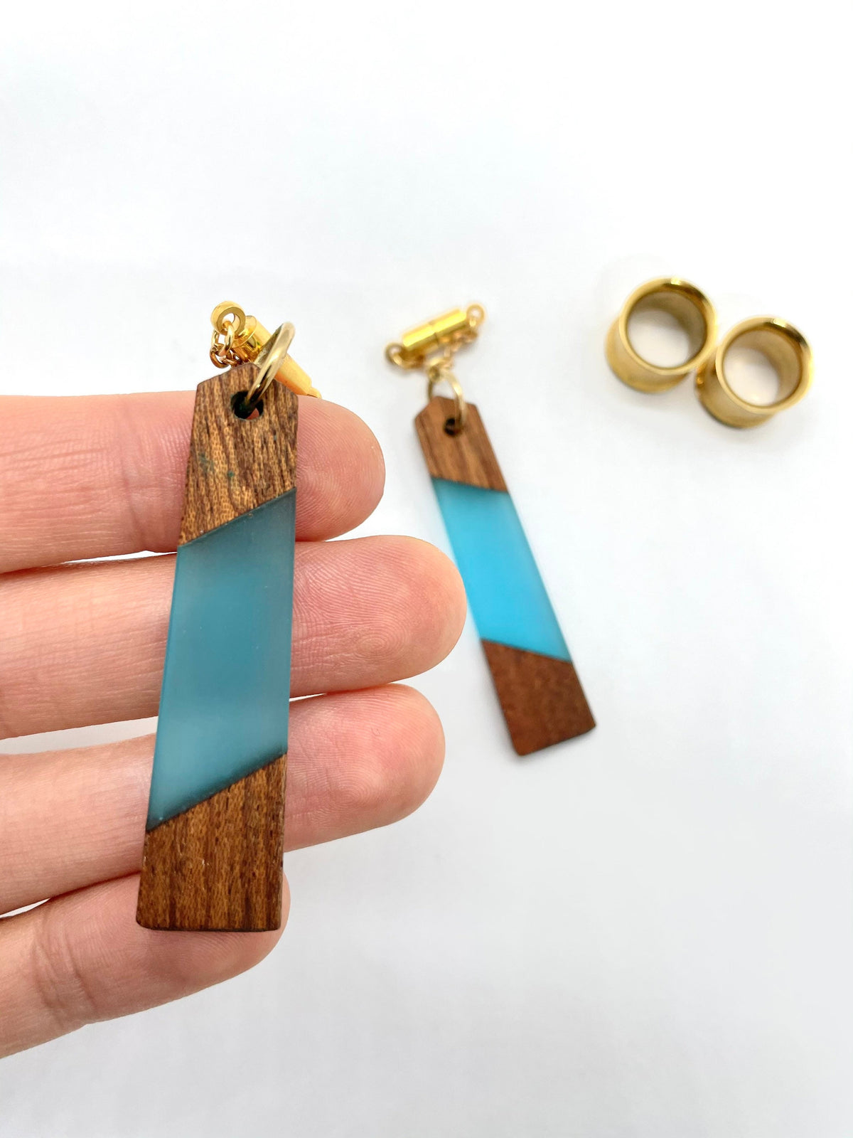 Teal Wood & Resin Magnetic Clasp Gauged Earrings
