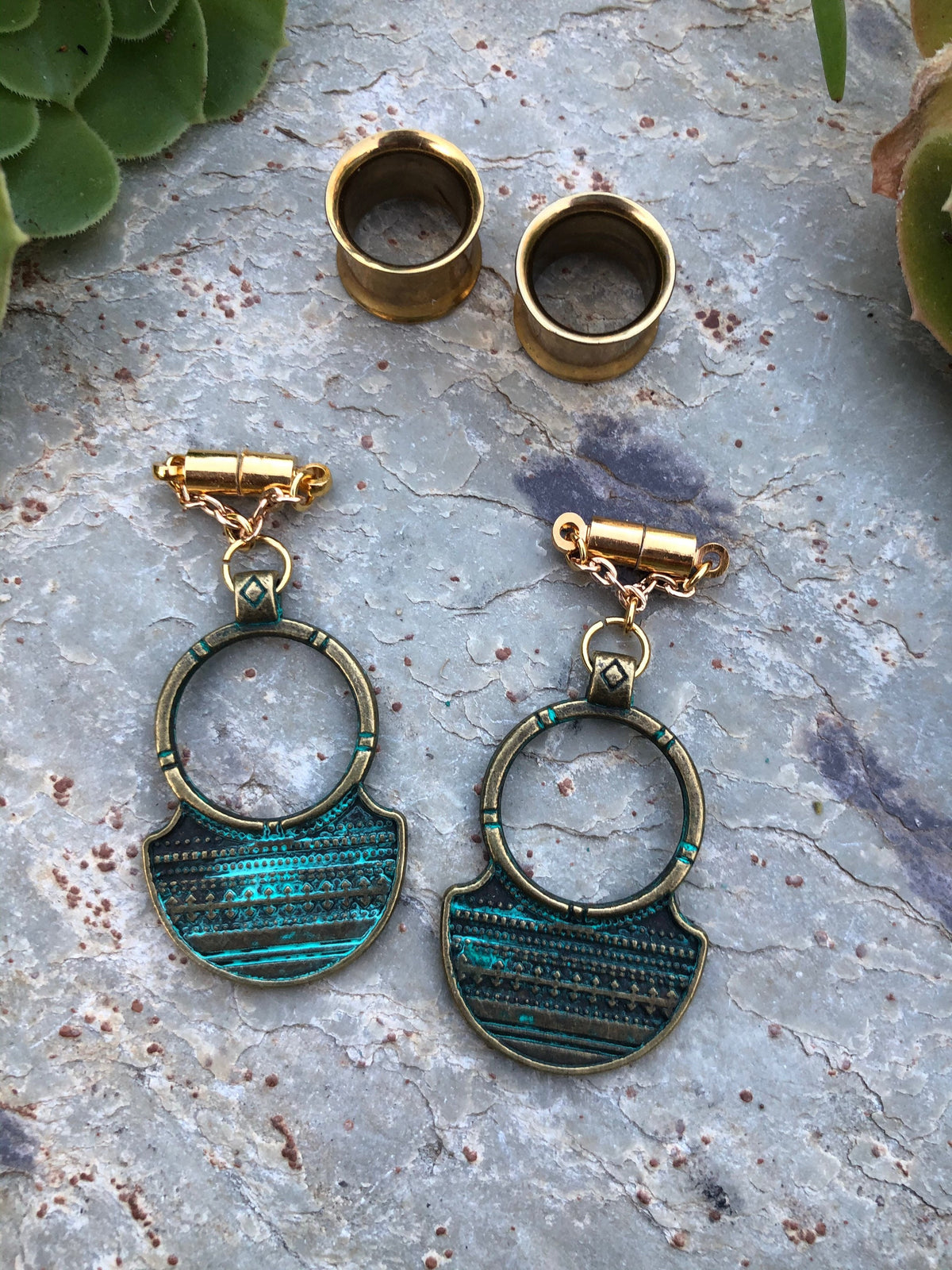 Patina Brass Magnetic Clasp Gauged Earrings