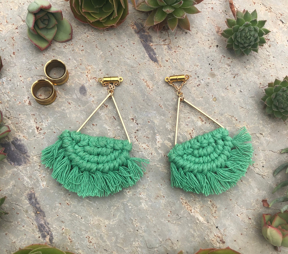 Green Macramé Tassel Magnetic Clasp Gauged Earrings