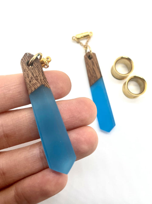Blue Wood & Resin Magnetic Clasp Tunnel Earrings