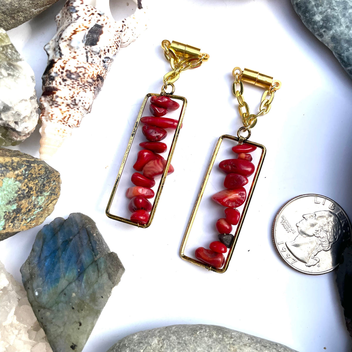 Brass & Coral Magnetic Clasp Gauged Earrings