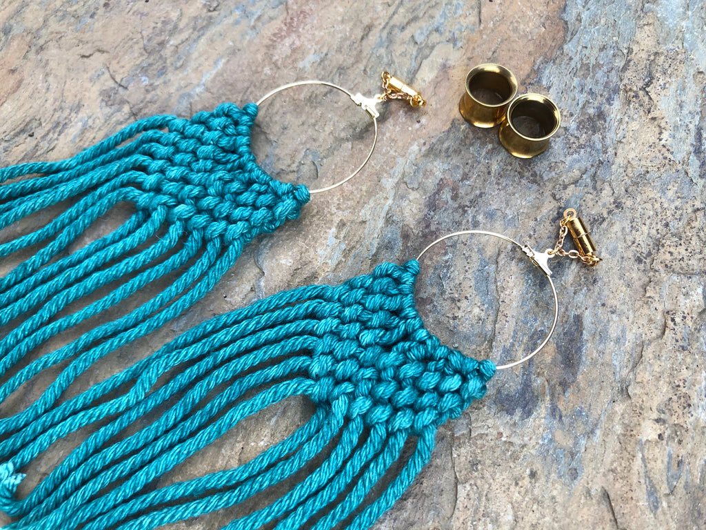 Teal Macramé Magnetic Clasp Gauged Earrings