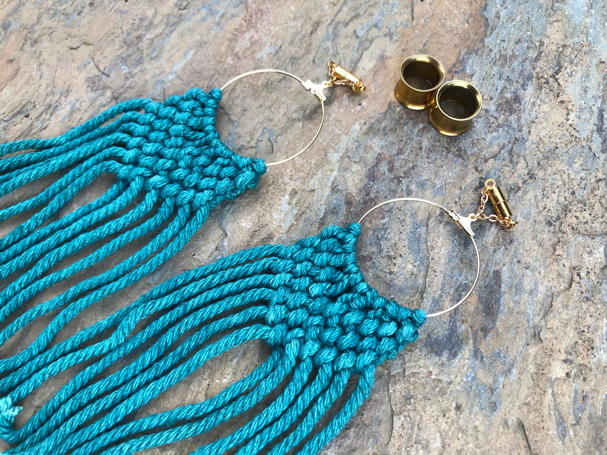 Teal Macramé Magnetic Clasp Gauged Earrings