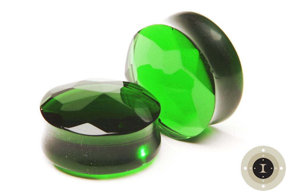 Green Faceted Glass Plugs – Double Flared Ear Gauges