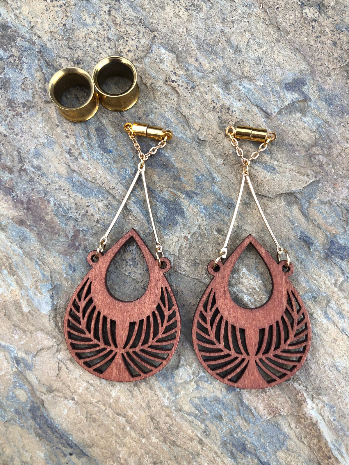 Laser-Cut Wood Magnetic Clasp Gauged Earrings