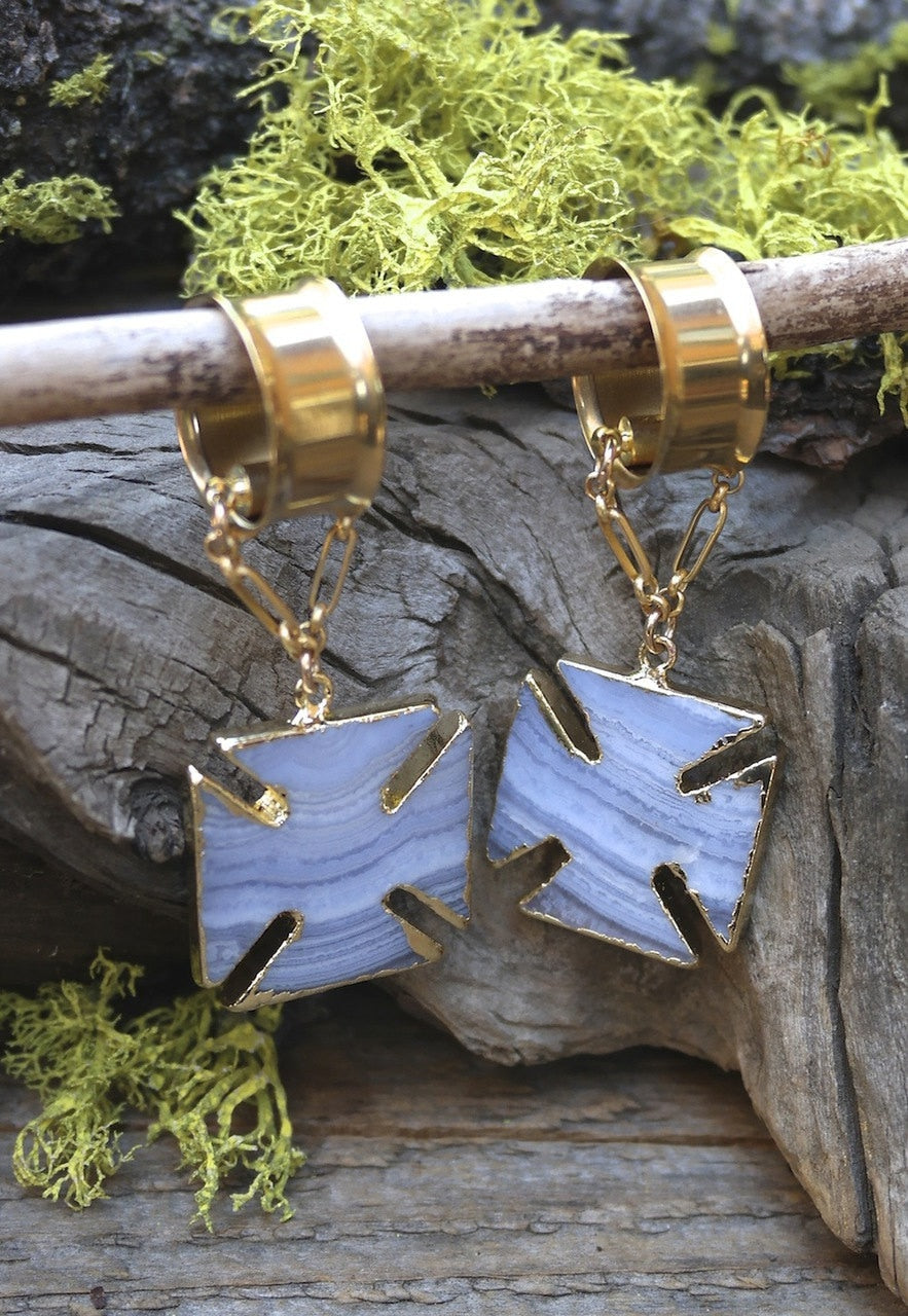 Blue Lace Agate Magnetic Clasp Gauged Earrings
