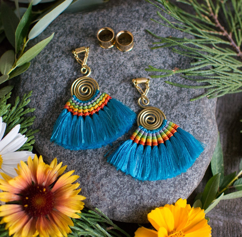 Blue or Purple Fan Tassel Magnetic Clasp Gauged Earrings