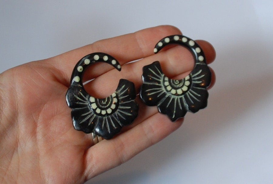 Carved Horn Flower Earrings – Reversible Gauged Hangers