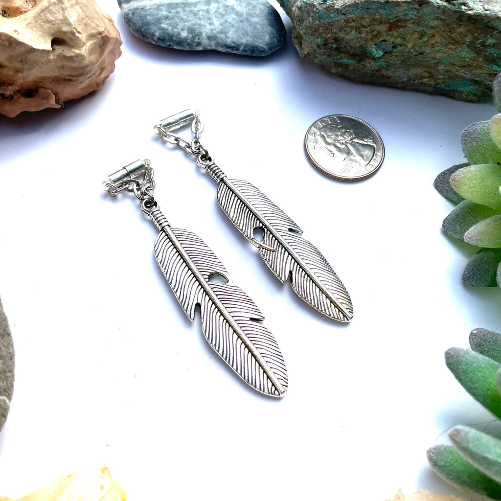 Silver-Tone Brass Feather Magnetic Clasp Earrings