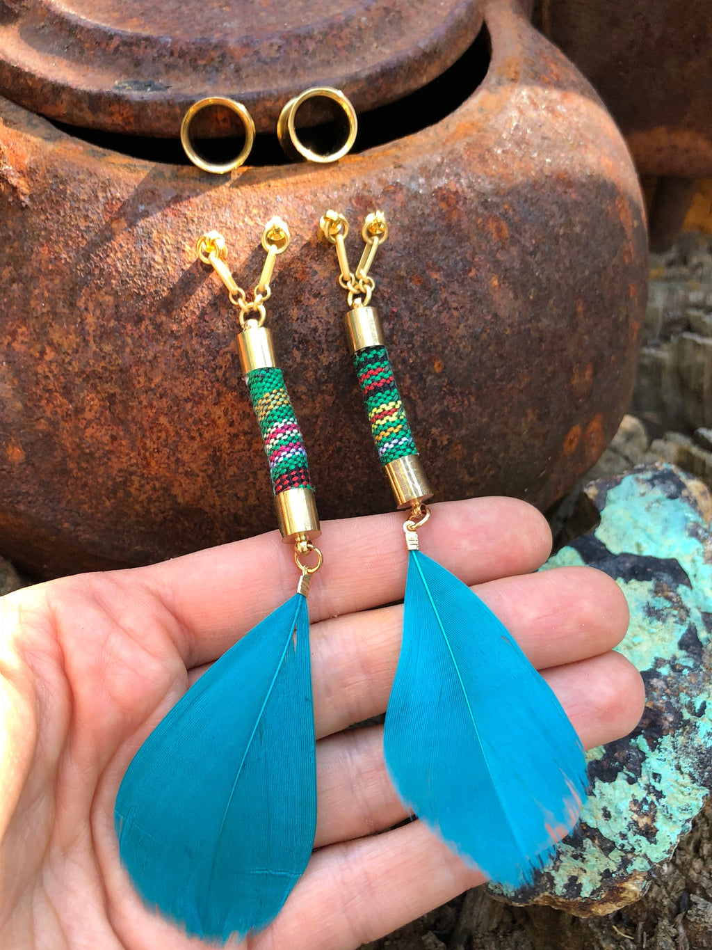 Teal Feather Magnetic Clasp Gauged Earrings