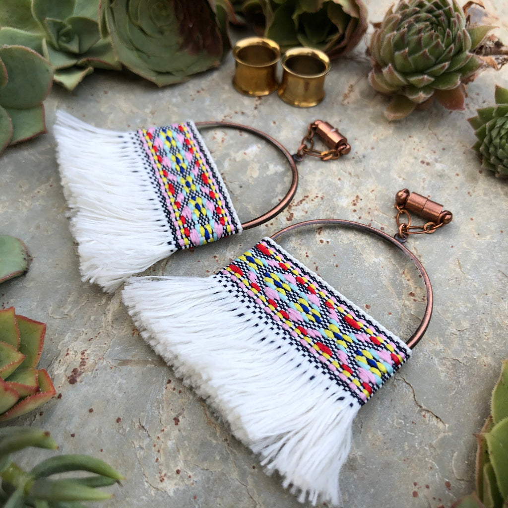 White Tassel & Bronze Magnetic Clasp Gauged Earrings