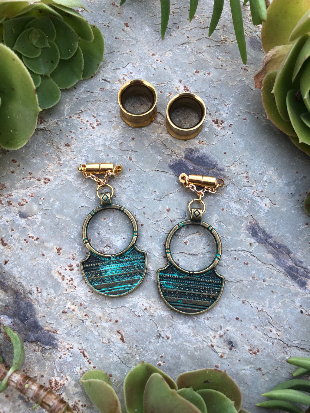 Patina Brass Magnetic Clasp Gauged Earrings