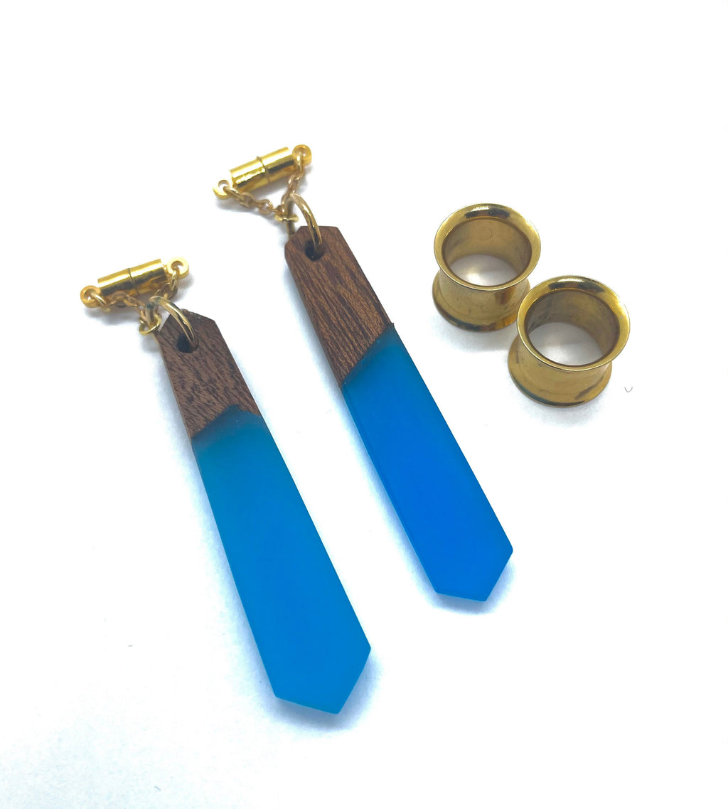 Blue Wood & Resin Magnetic Clasp Tunnel Earrings