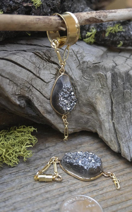 Black Druzy Magnetic Clasp Gauged Earrings