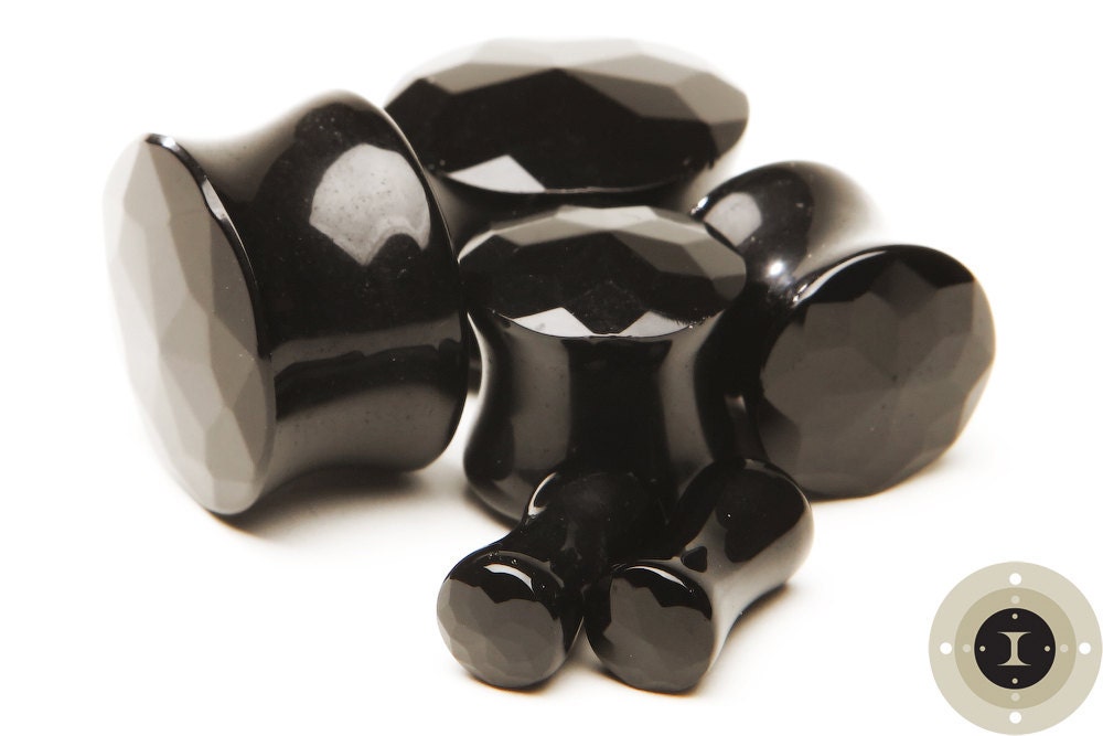 Black Faceted Glass Plugs – Double Flared Ear Gauges