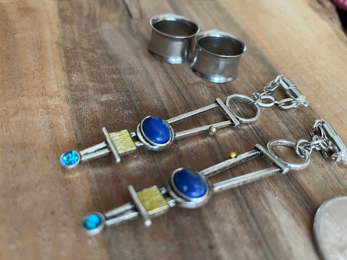 Mixed Metal & Lapis Magnetic Clasp Gauged Earrings