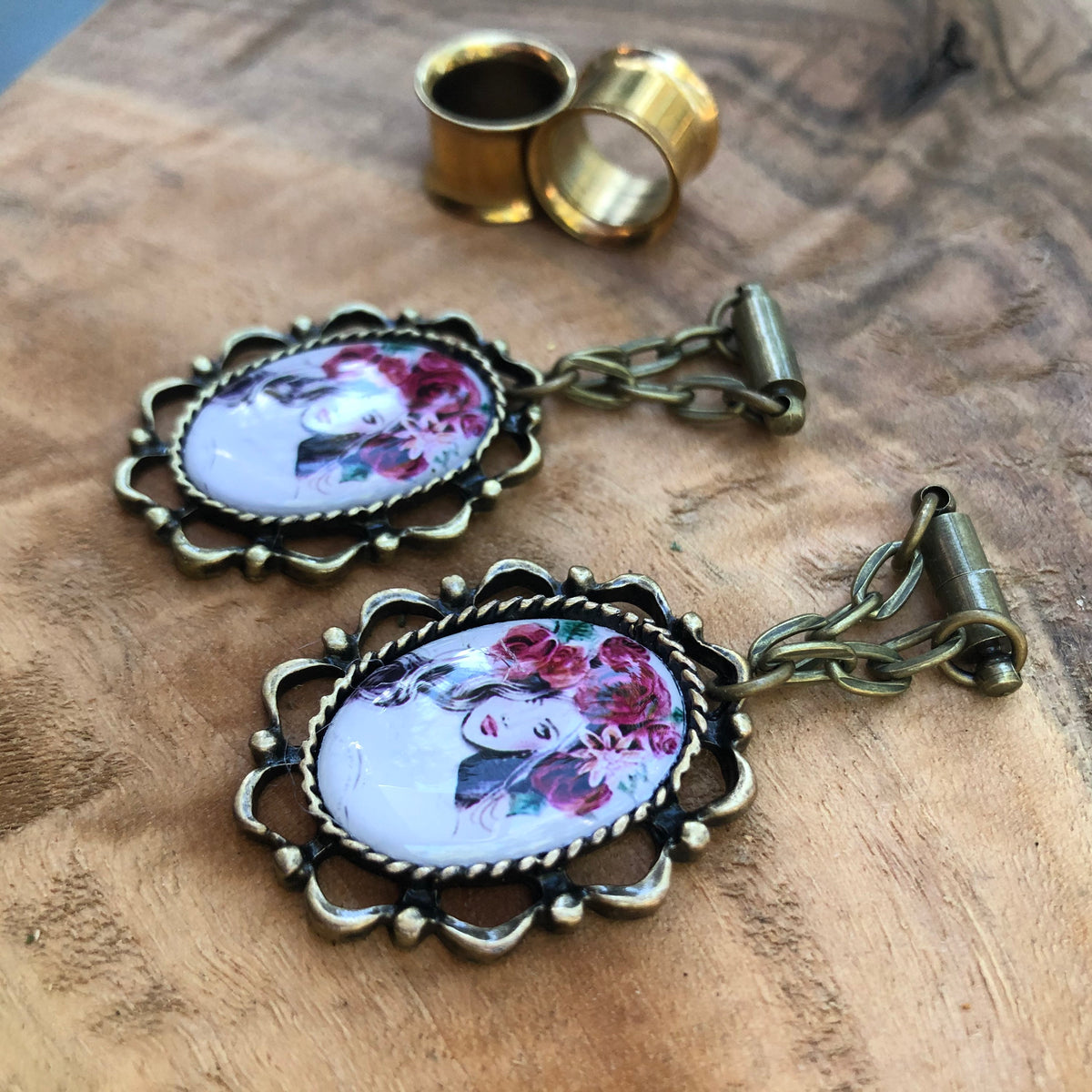 Bronze Picture Magnetic Clasp Gauged Earrings