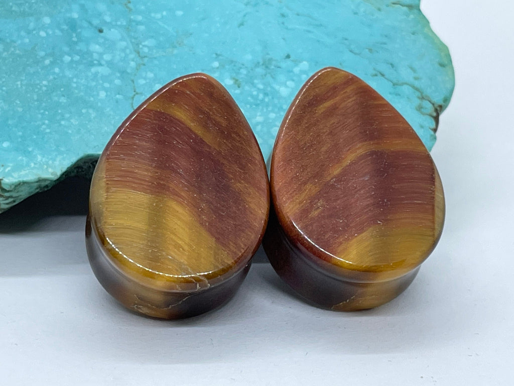 OOAK Red Tiger’s Eye Teardrop Plugs – 1" (25mm)