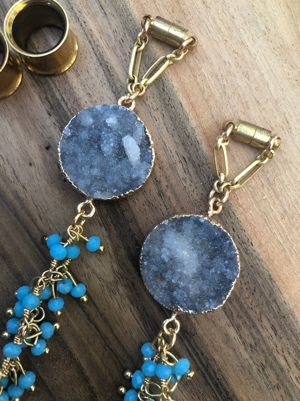 Gray Druzy & Blue Bead Magnetic Clasp Earrings