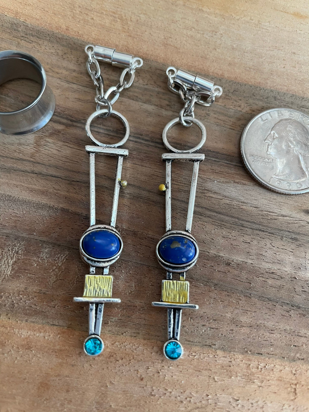 Mixed Metal & Lapis Magnetic Clasp Gauged Earrings