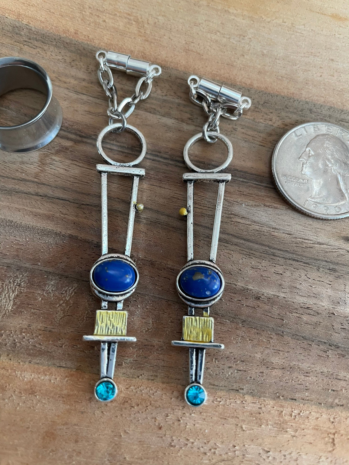 Mixed Metal & Lapis Magnetic Clasp Gauged Earrings