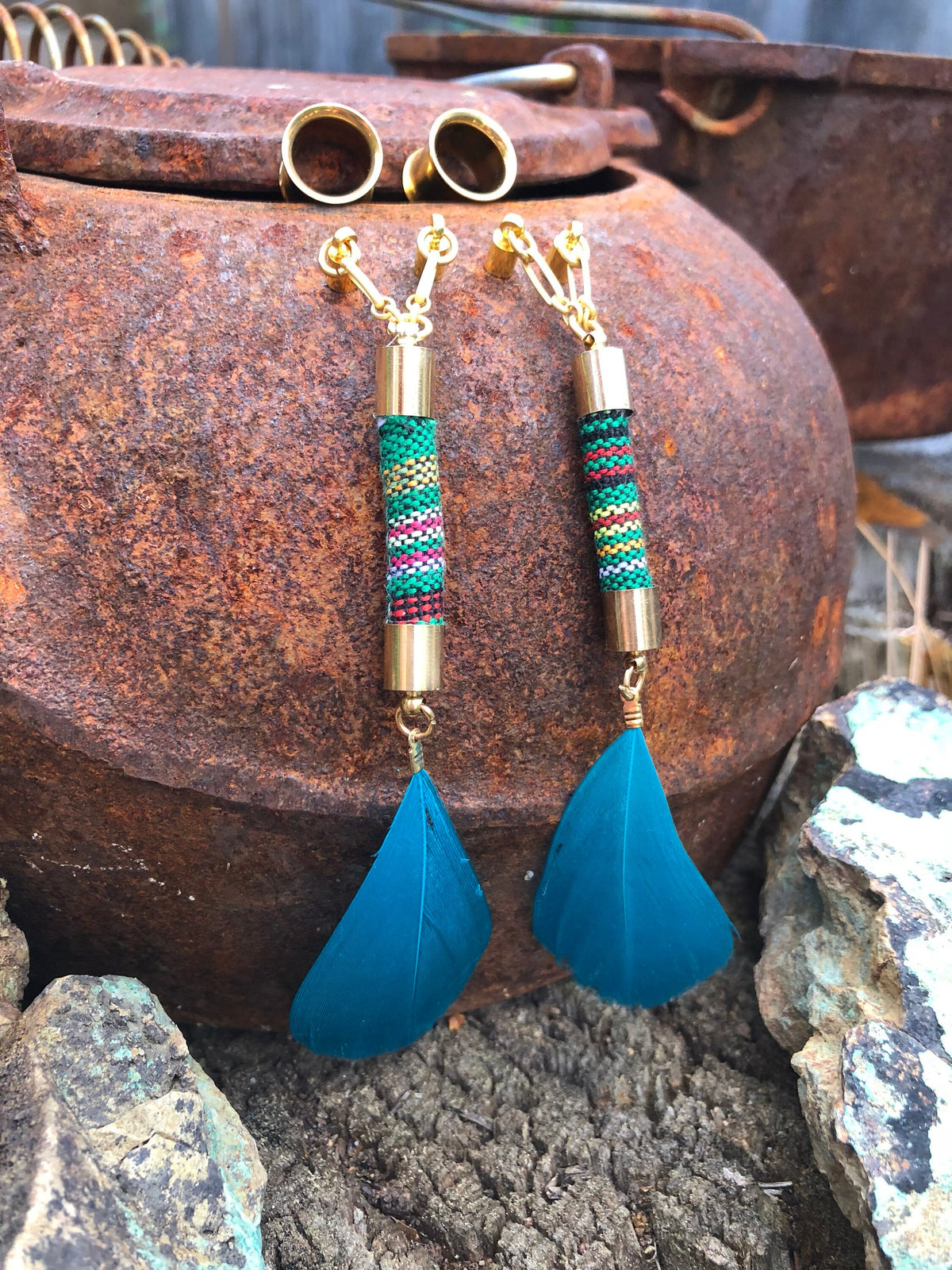 Teal Feather Magnetic Clasp Gauged Earrings
