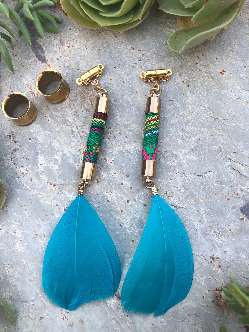 Teal Feather Magnetic Clasp Gauged Earrings