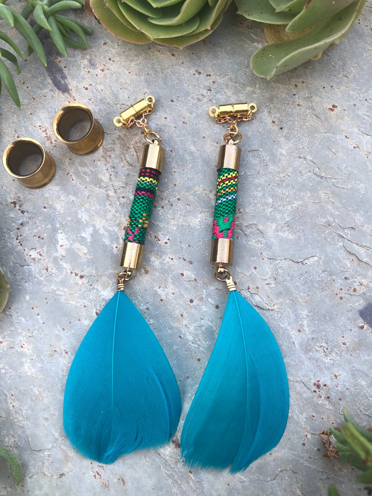 Teal Feather Magnetic Clasp Gauged Earrings