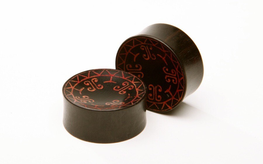 Ebony Wood Red Tribal Inlay Plugs – Double Flared