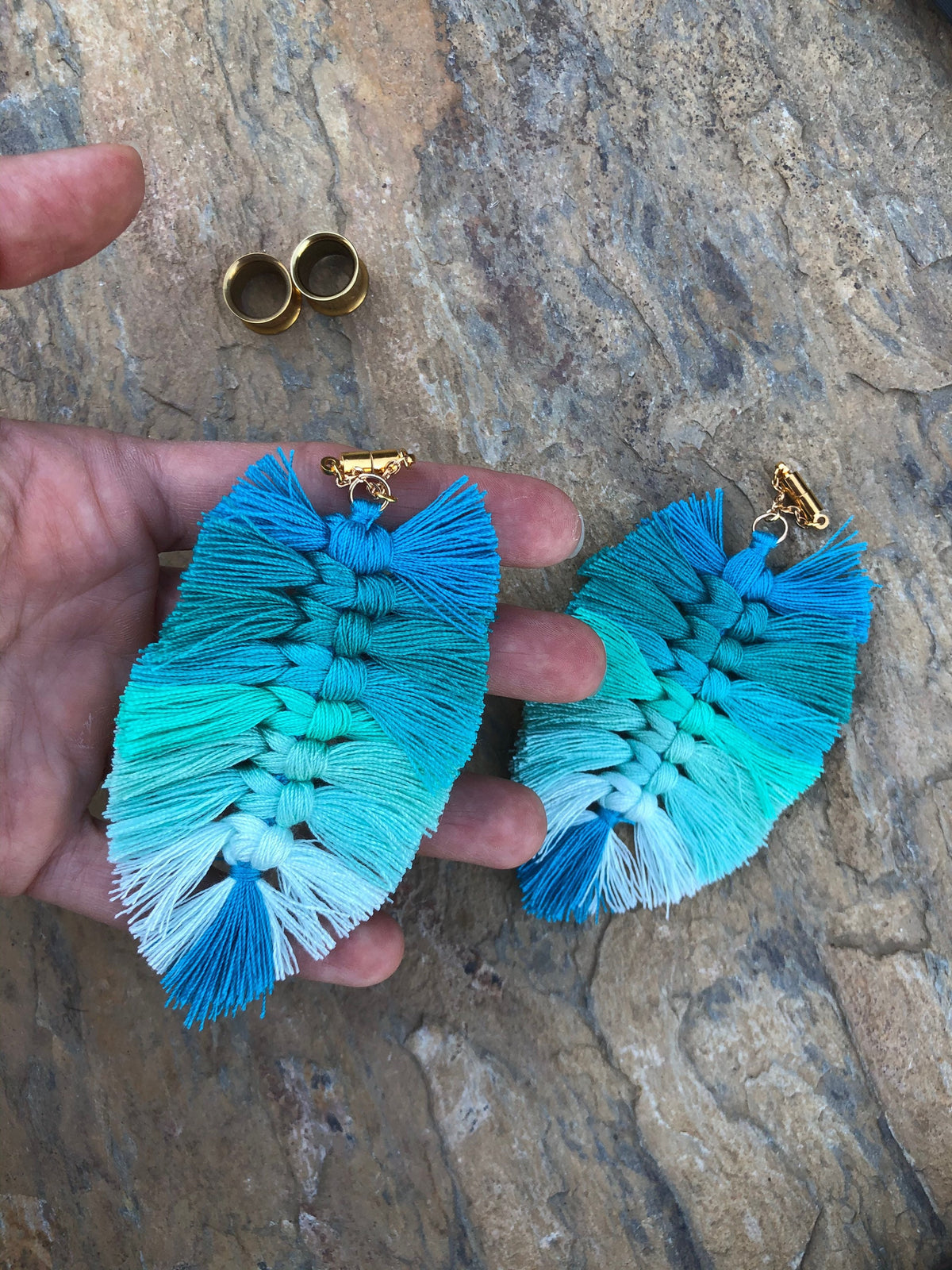 Blue Multicolor Tassel Magnetic Clasp Gauged Earrings