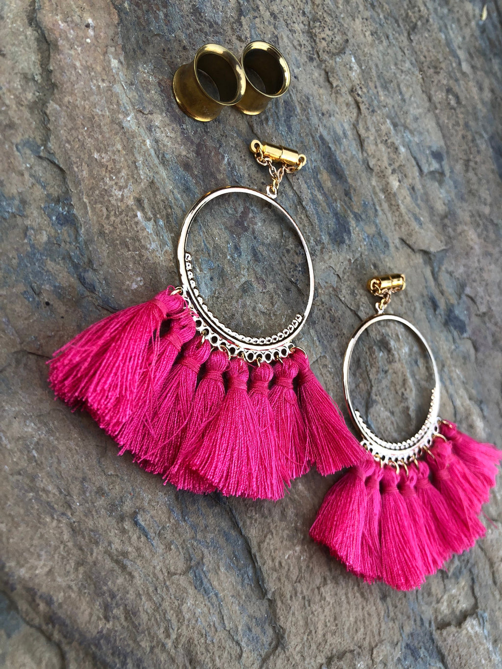 Bright Pink Tassel Magnetic Clasp Gauged Earrings