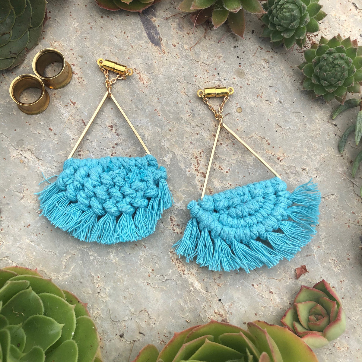 Blue Macramé Tassel Magnetic Clasp Earrings