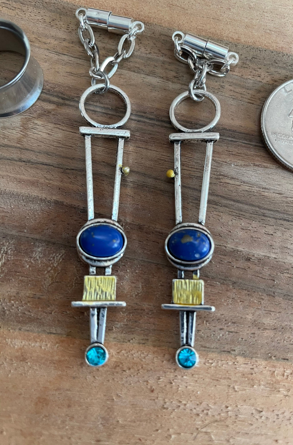 Mixed Metal & Lapis Magnetic Clasp Gauged Earrings