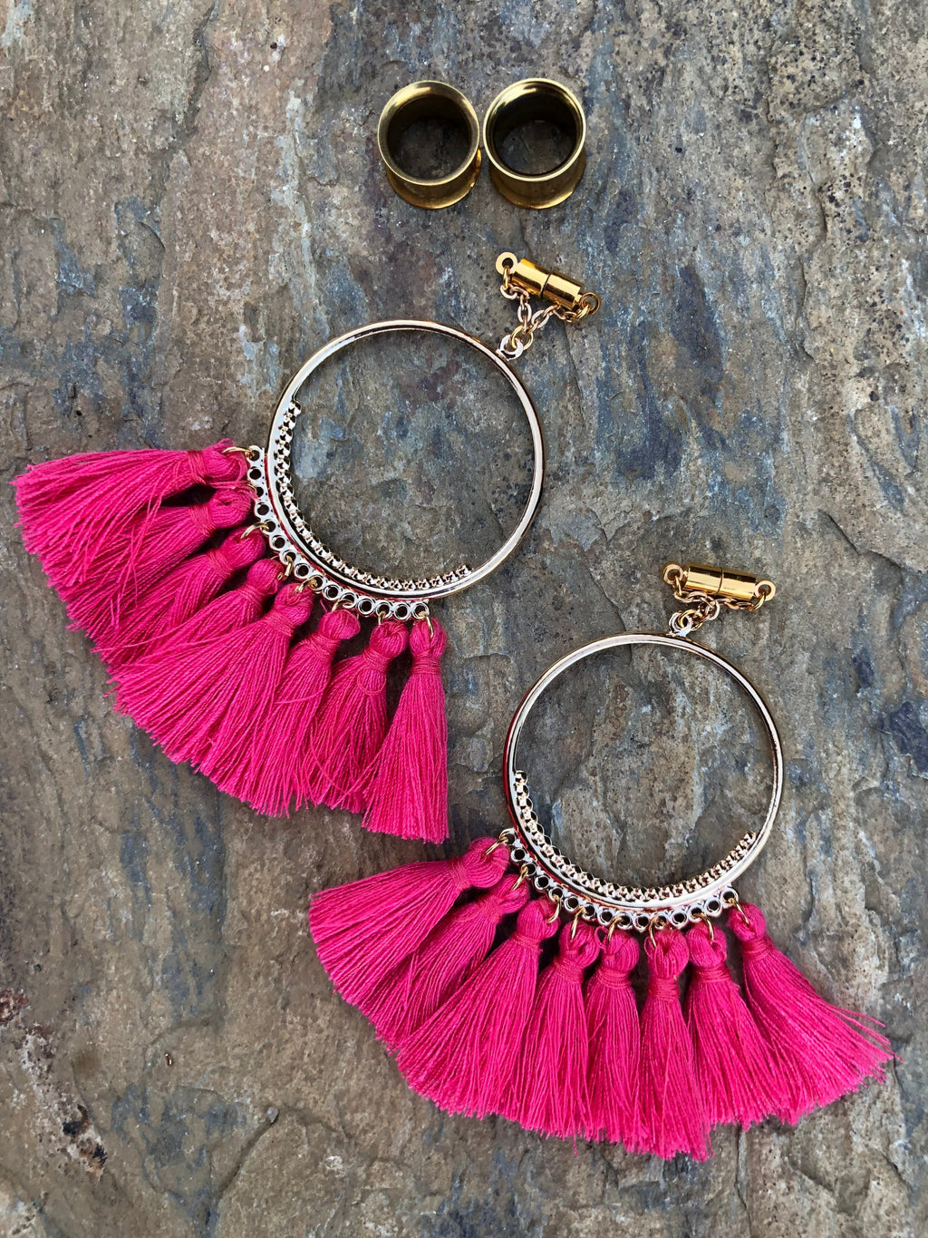 Bright Pink Tassel Magnetic Clasp Gauged Earrings
