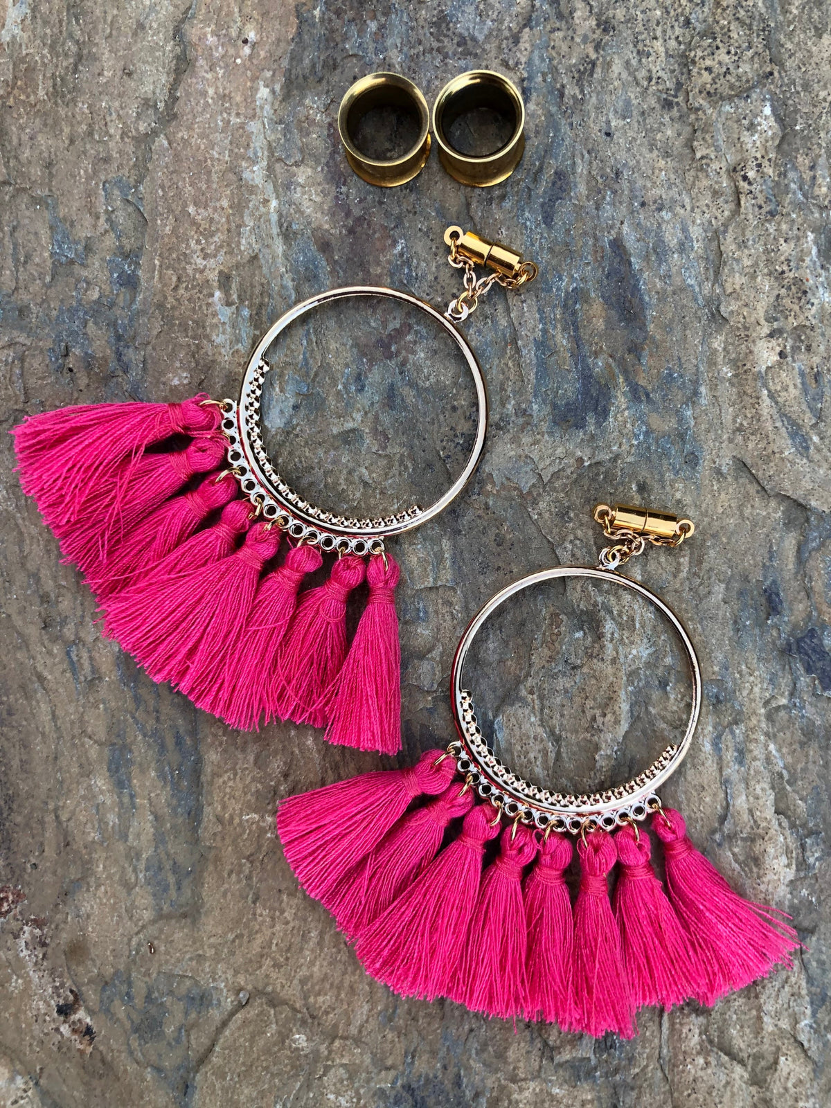 Bright Pink Tassel Magnetic Clasp Gauged Earrings