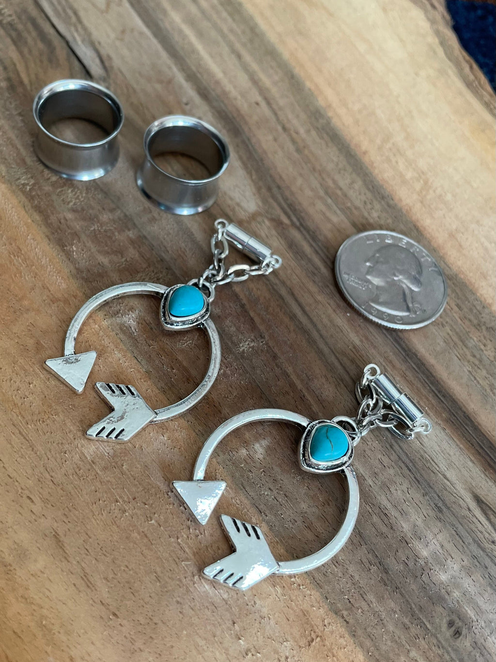 Turquoise Circular Arrow Magnetic Clasp Gauged Earrings