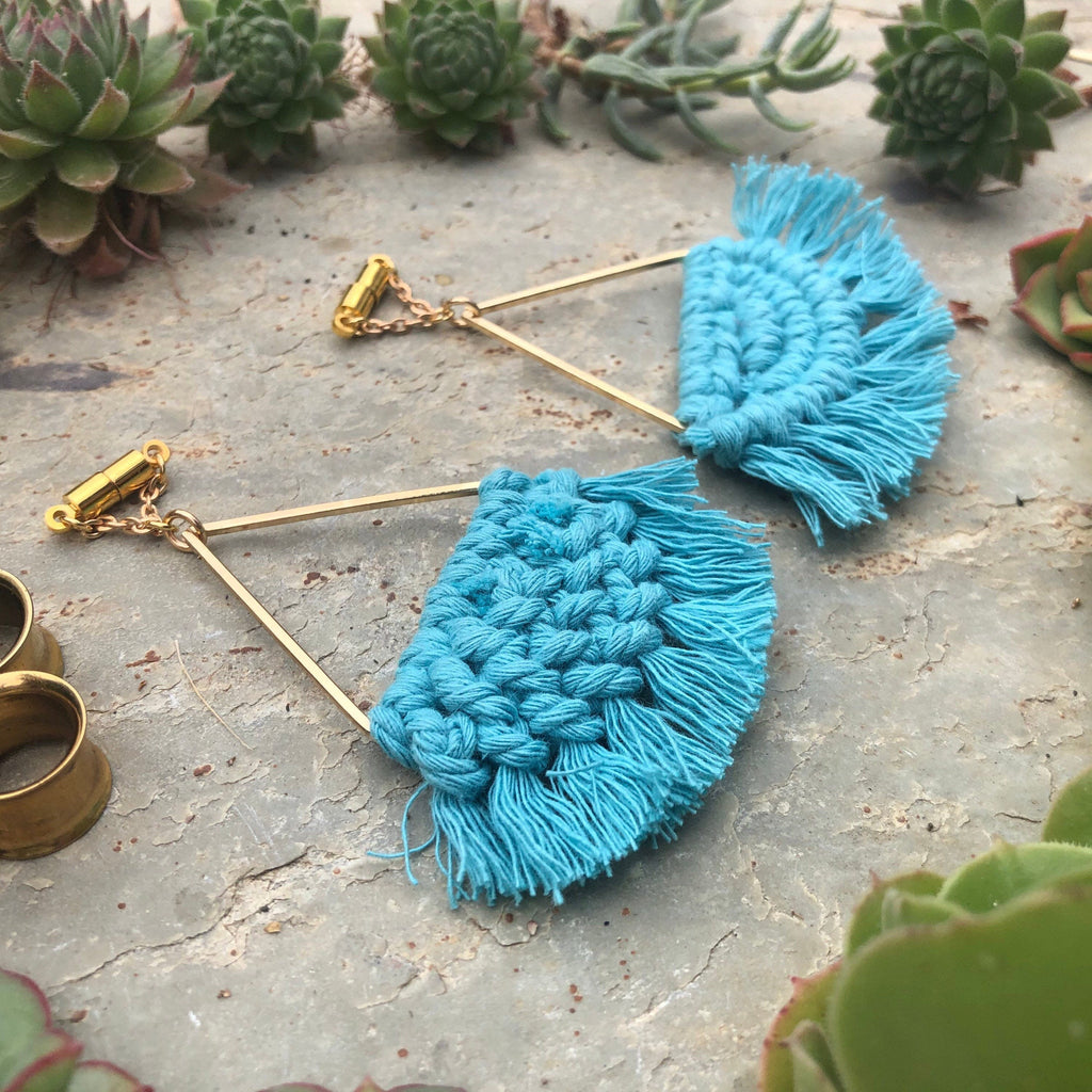 Blue Macramé Tassel Magnetic Clasp Earrings