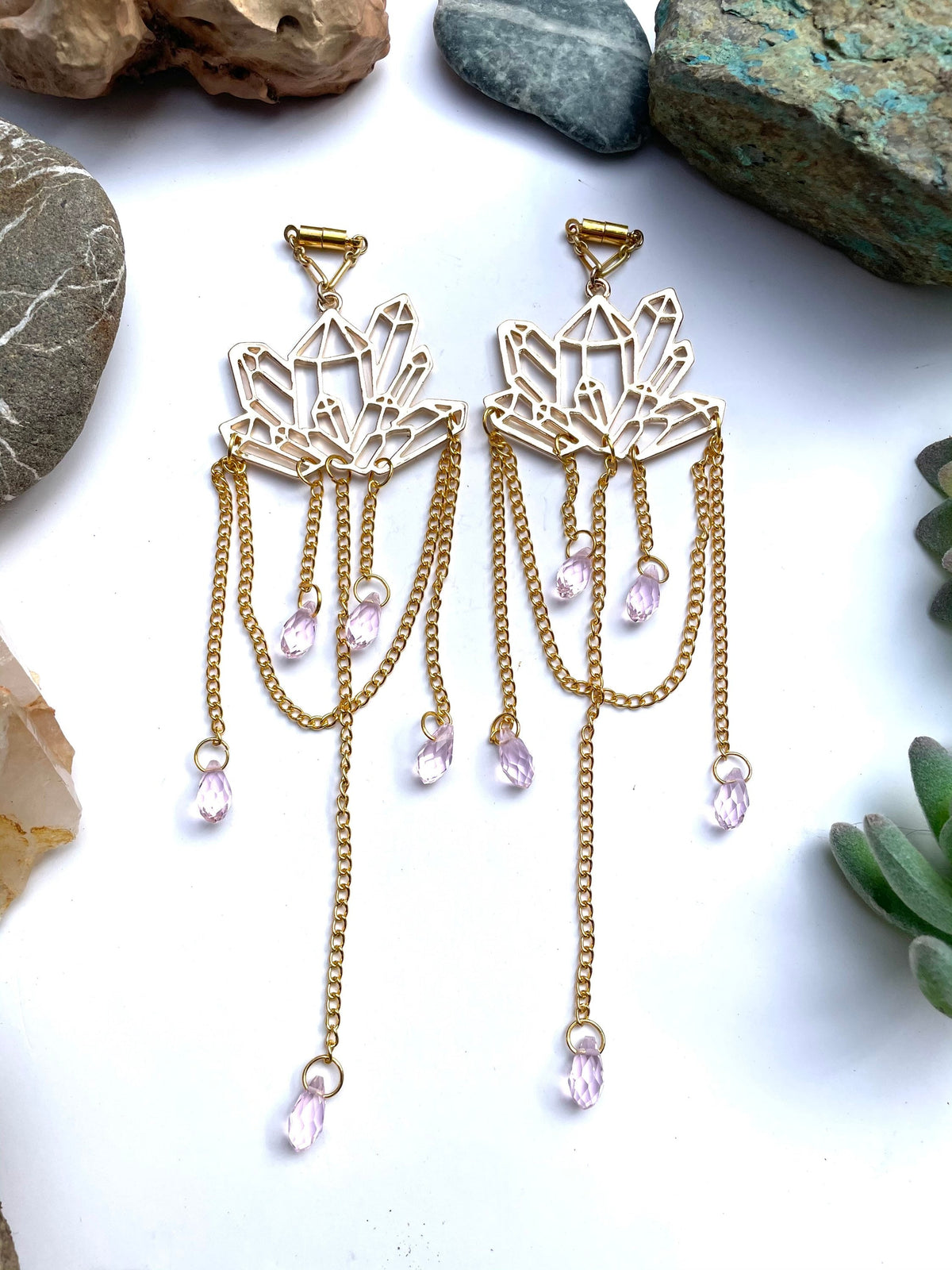 Brass & Crystal Magnetic Clasp Gauged Earrings