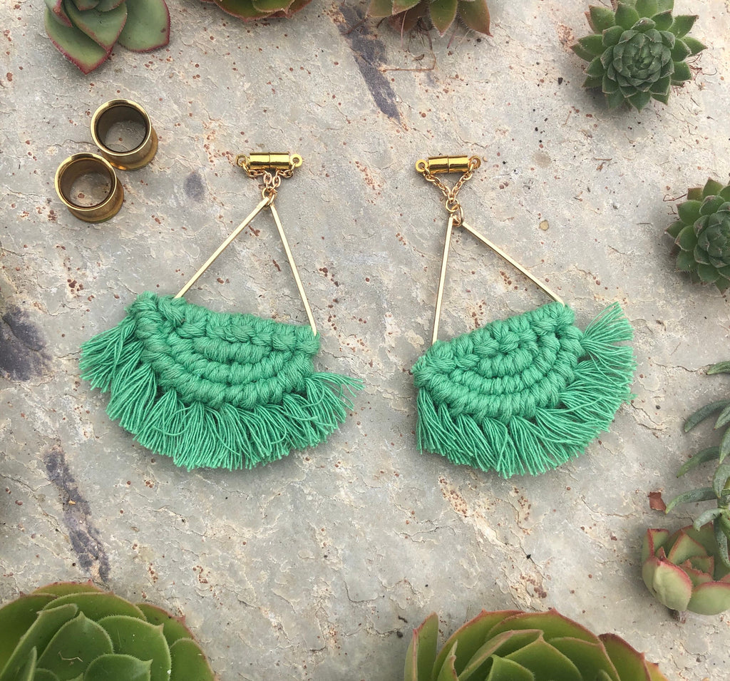 Green Macramé Tassel Magnetic Clasp Gauged Earrings