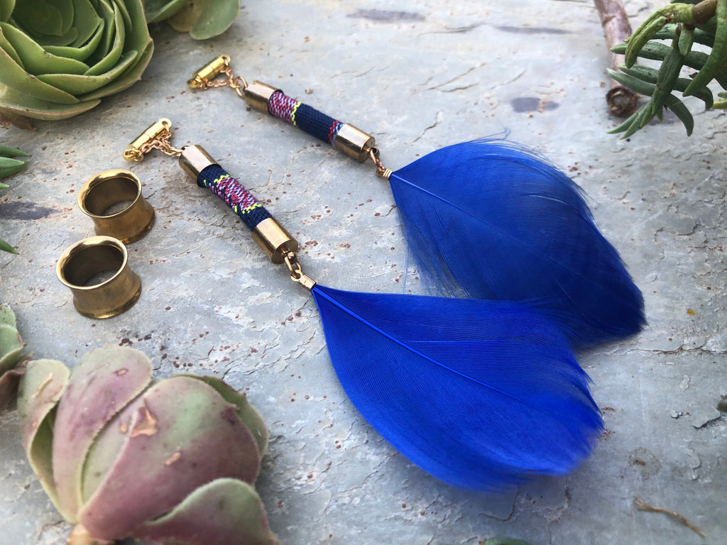 Feather & Woven Fabric Magnetic Clasp Gauged Earrings