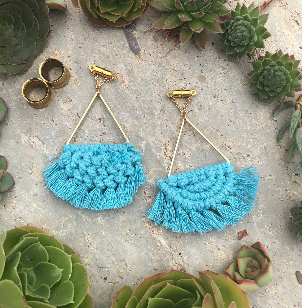 Blue Macramé Tassel Magnetic Clasp Earrings