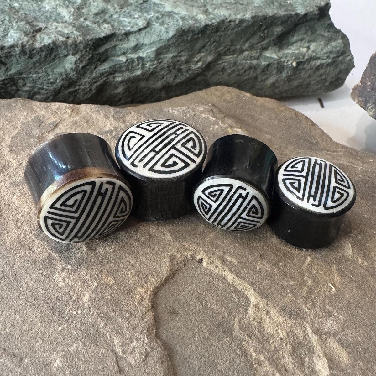 Chinese Shou Horn Plugs – Bone Inlay Ear Gauges