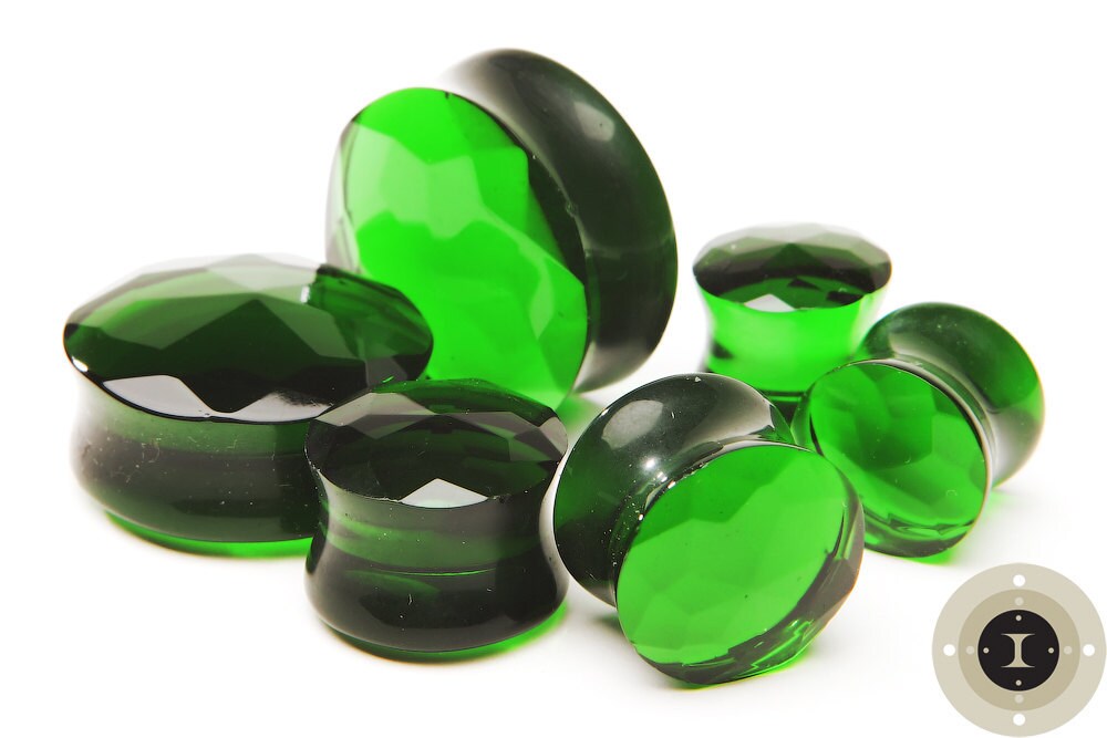 Green Faceted Glass Plugs – Double Flared Ear Gauges