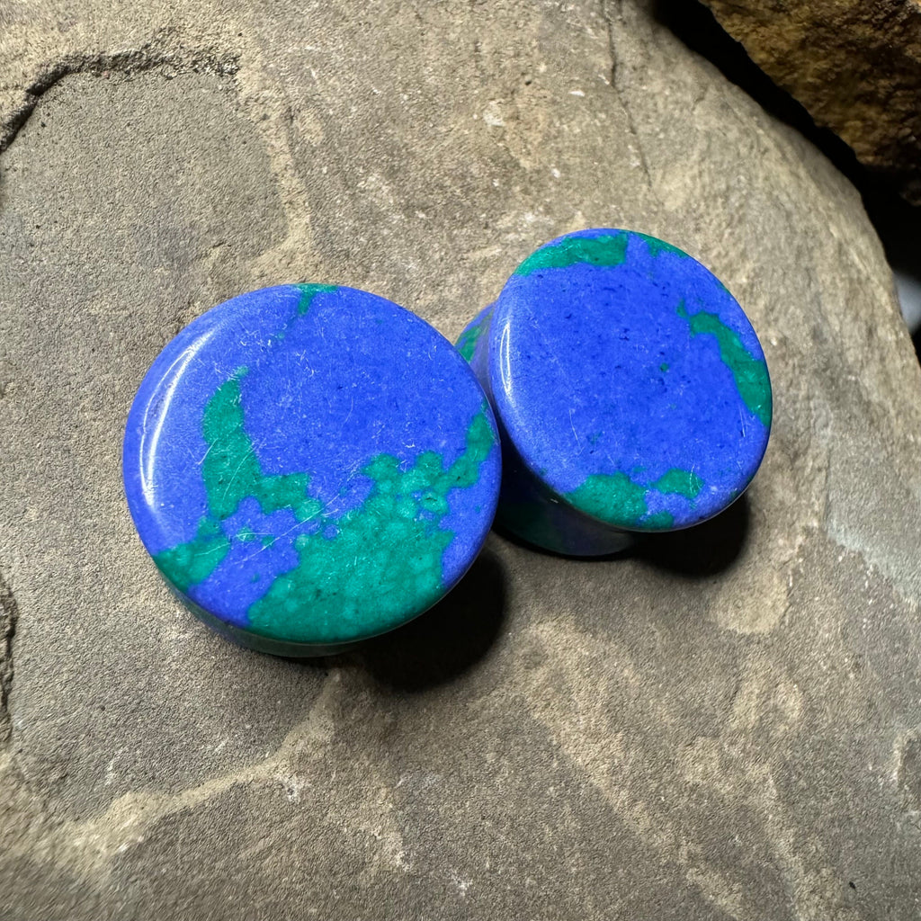 OOAK Azurite Stone Plugs – 7/8" (22mm) Double Flared