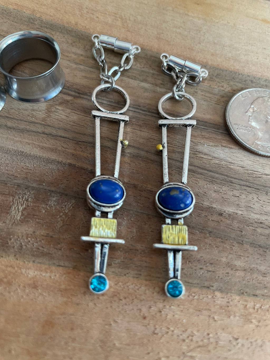 Mixed Metal & Lapis Magnetic Clasp Gauged Earrings