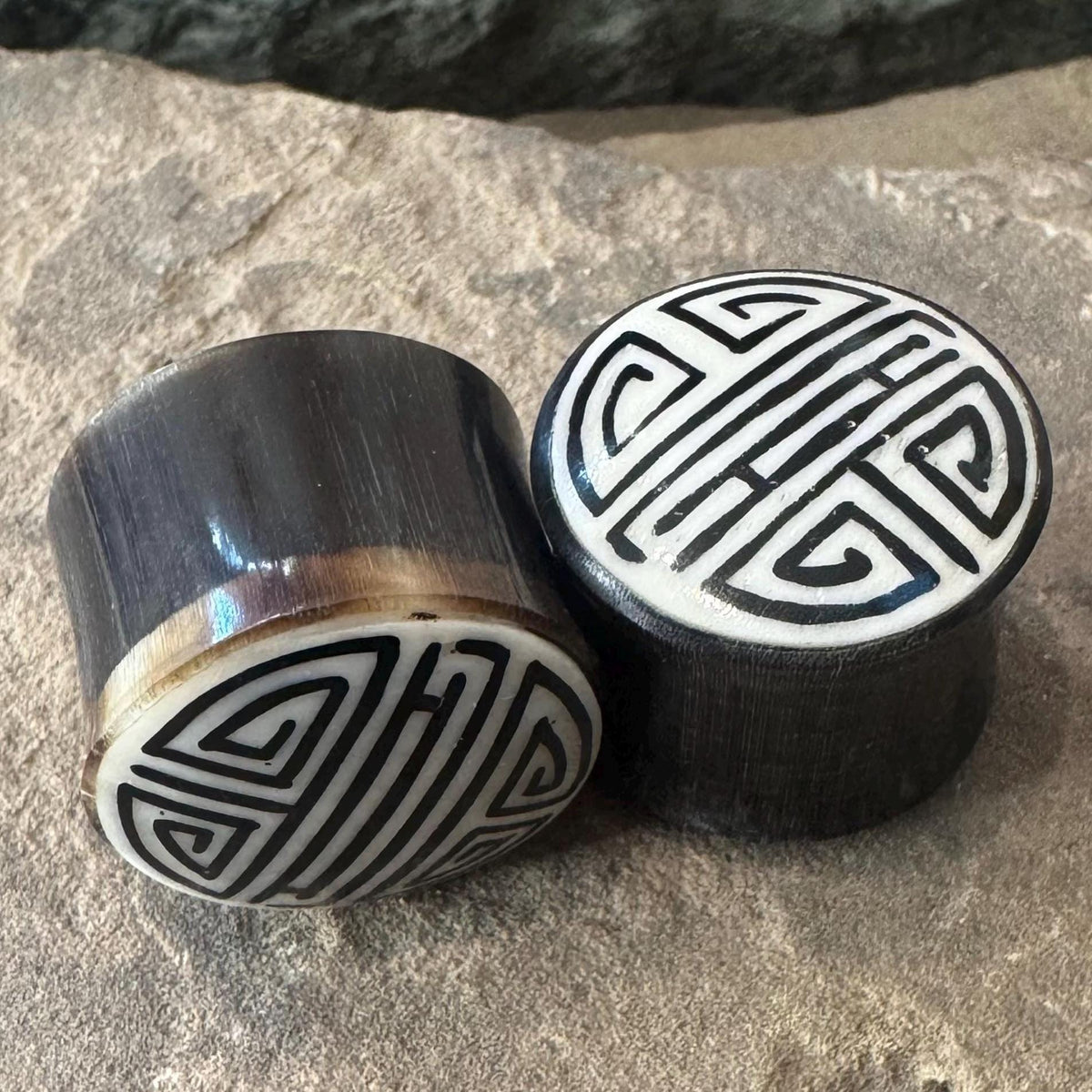 Chinese Shou Horn Plugs – Bone Inlay Ear Gauges